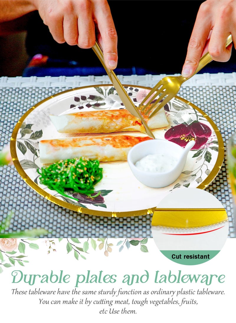 HomarKet 200PCS Disposable Dinnerware Set,25 Guest Party Supplies Dinner Set Include Paper Plates Napkin Cup Straw Plastic Spoon Fork Knive for Baby Shower,Wedding,Birthday (Elegant leaves&Flowers) - Image 4